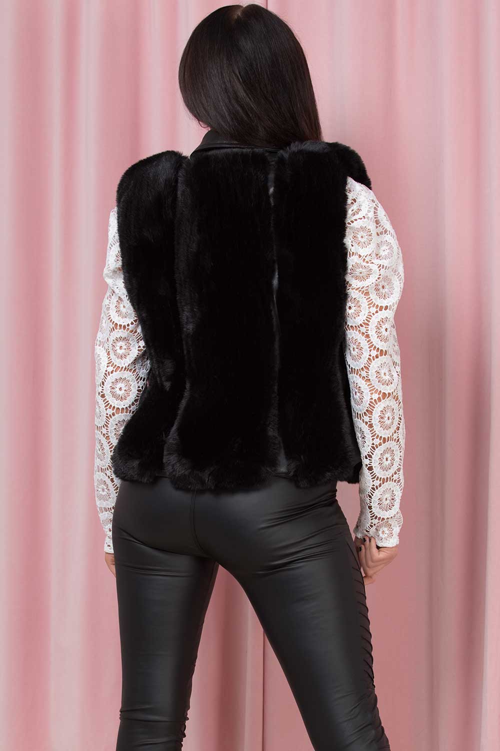 black faux fur faux leather gilet womens
