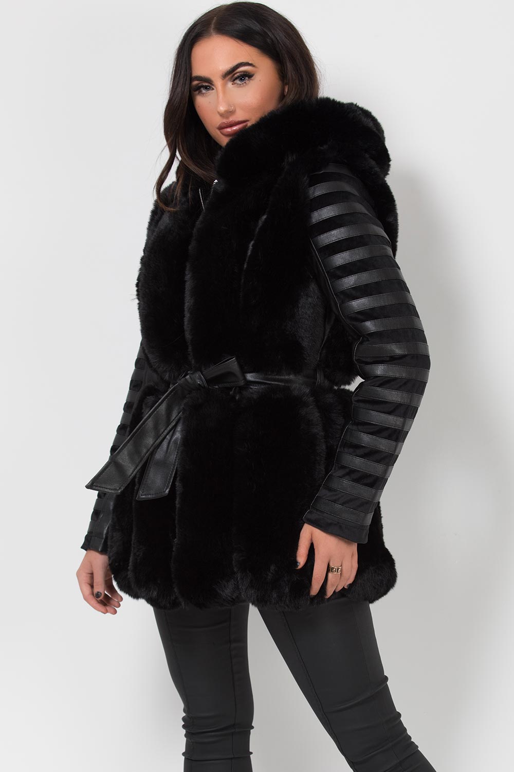 womens fur panel faux leather jacket with hood