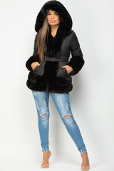 faux fur trim hooded puffer jacket black