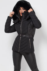 black puffer coat with fur hood womens
