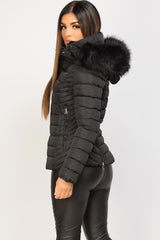 faux fur hood black puffer jacket 