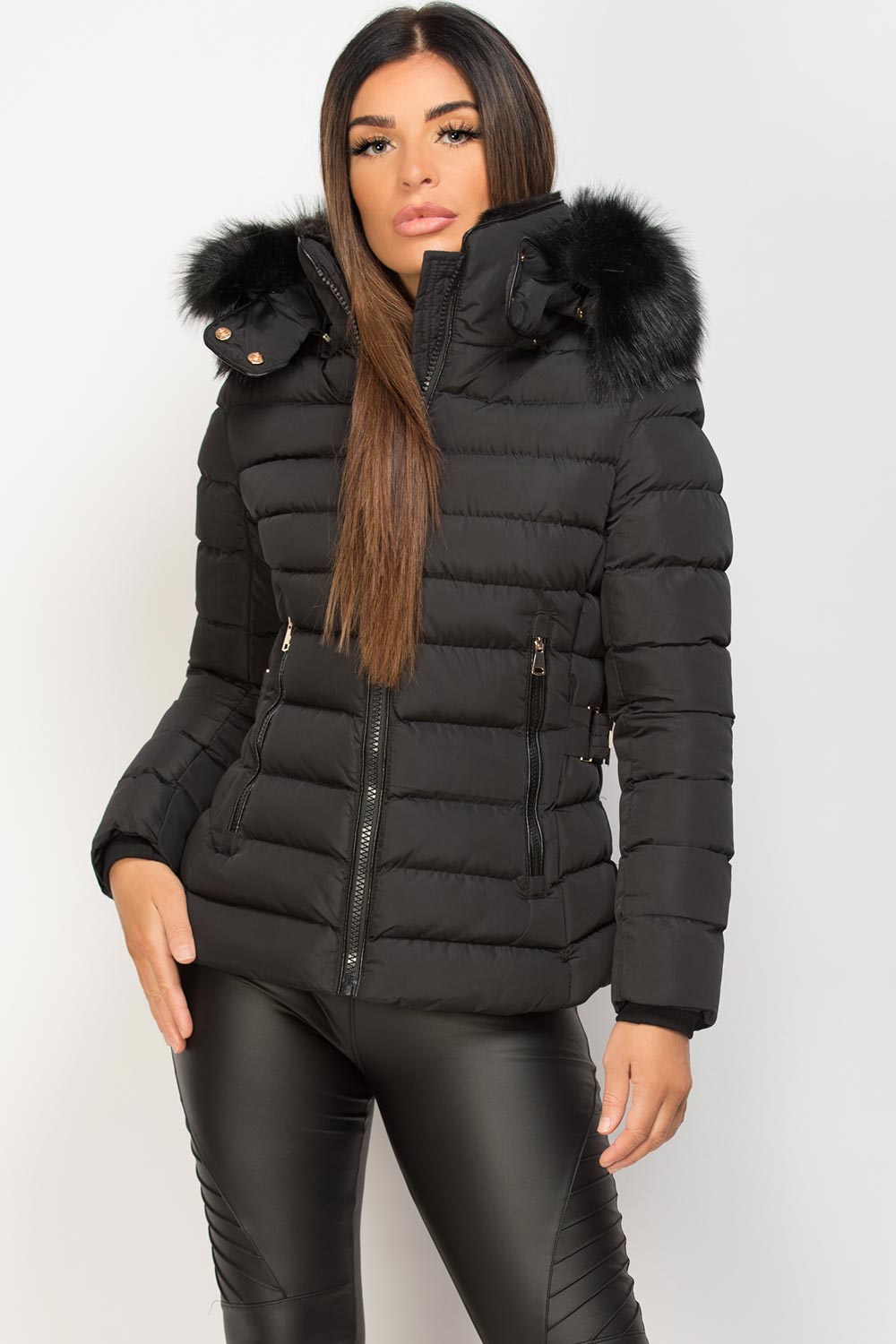Womens Black Puffer Jacket With Faux Fur Hood Winter Coat – Styledup.co.uk