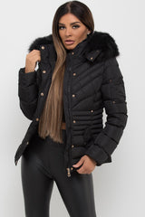 black puffer coat with fur hood