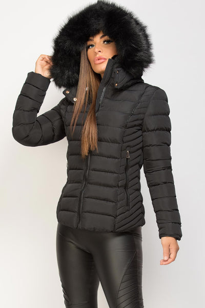 Womens Black Puffer Jacket With Faux fur Hood And Quilted Detail ...