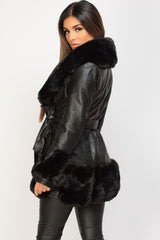 black faux fur faux leather belted short jacket 