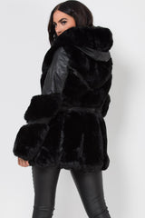 womens faux fur faux leather jacket with hood black