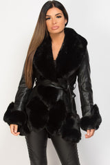 womens faux leather faux fur belted jacket 
