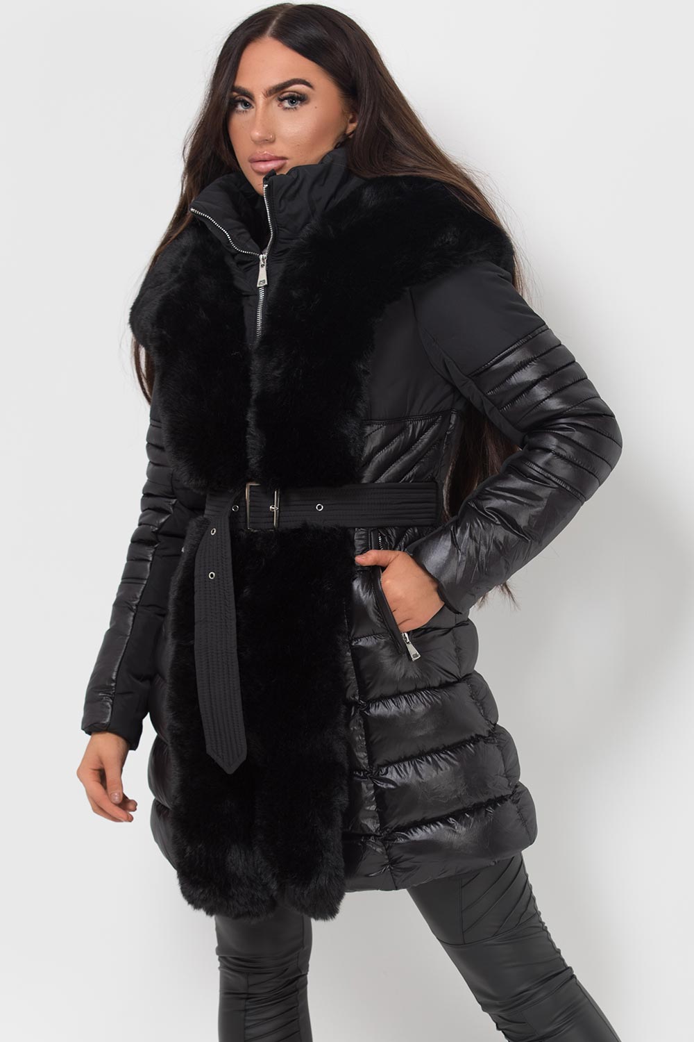 womens faux fur hood puffer coat black