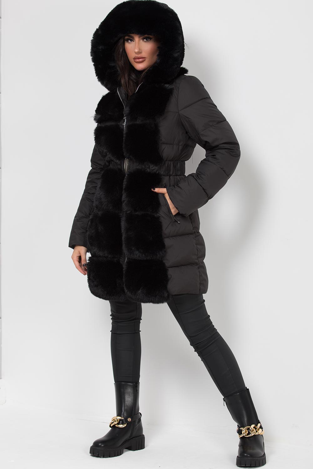 long puffer coat with faux fur hood and trim womens