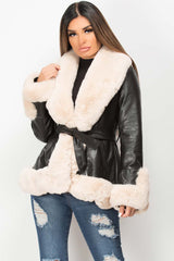 faux fur faux leather belted jacket 