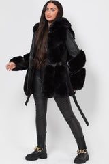 faux leather faux fur hooded jacket with belt womens