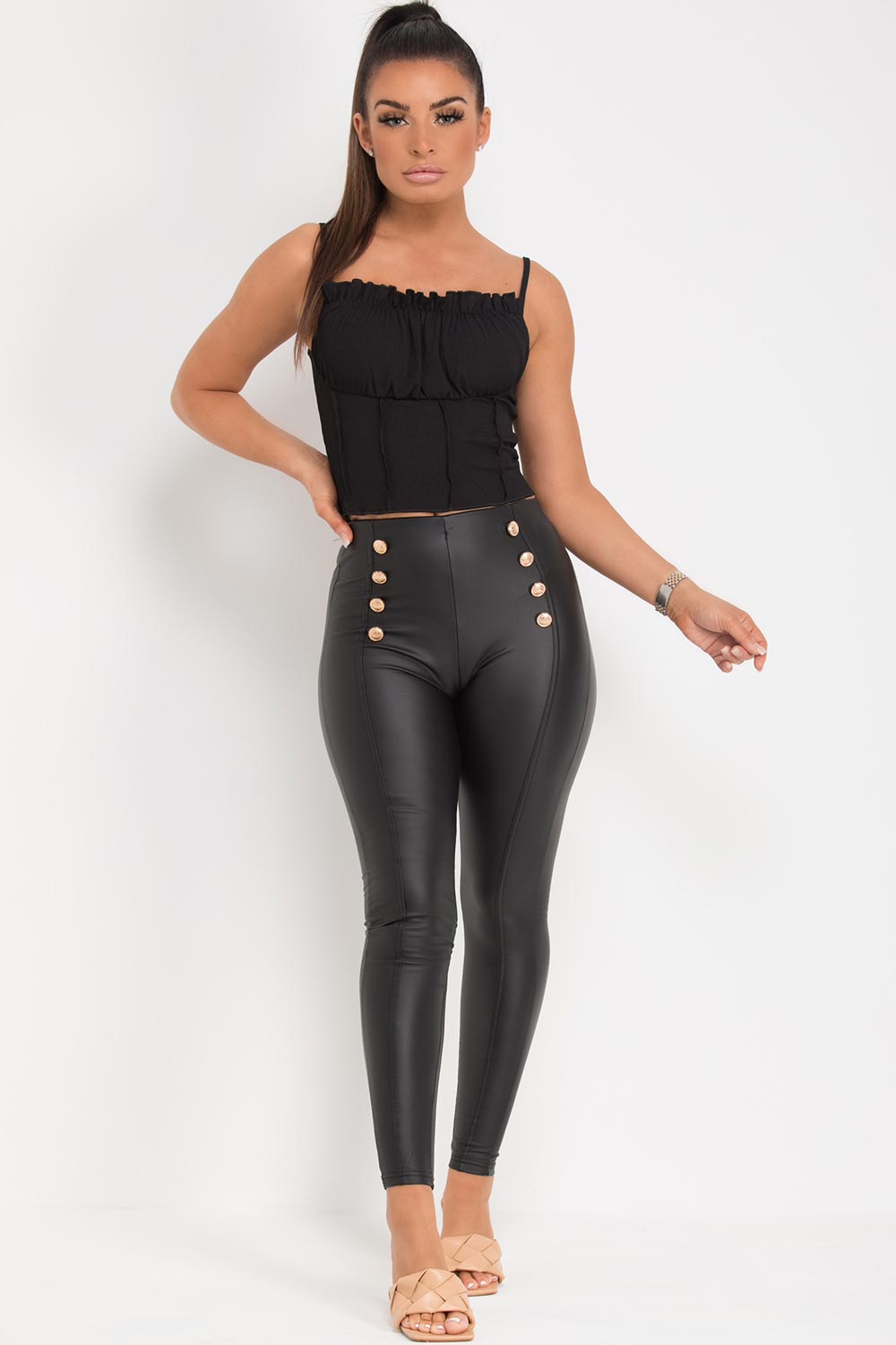black pu leggings with gold buttons high waisted 