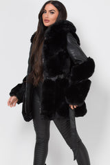 faux leather faux fur panel hooded jacket black