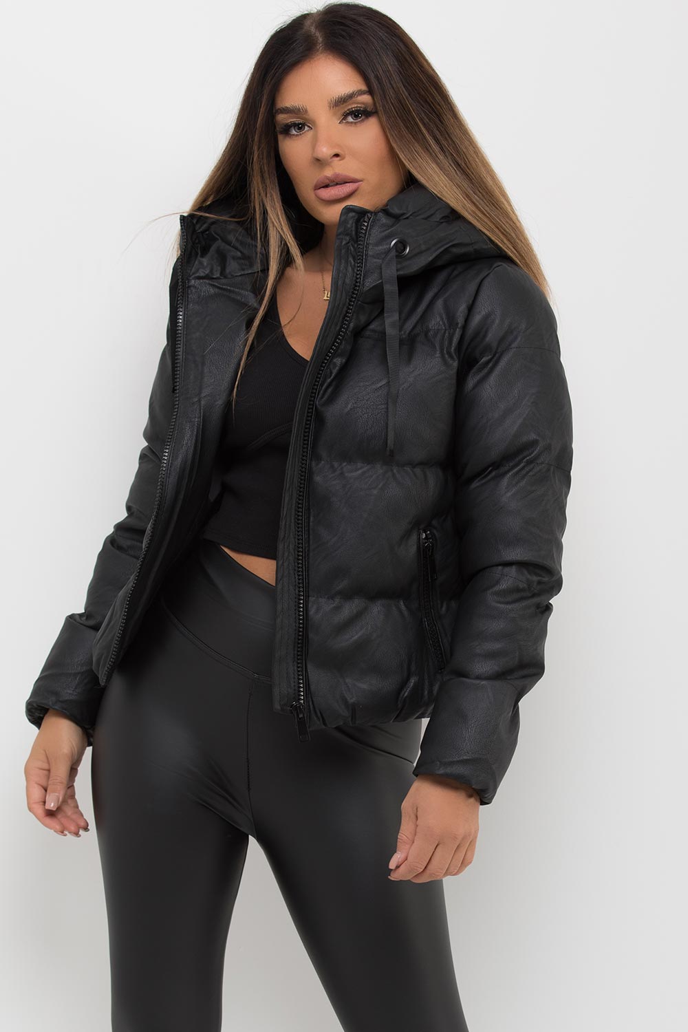 black faux leather puffer jacket womens