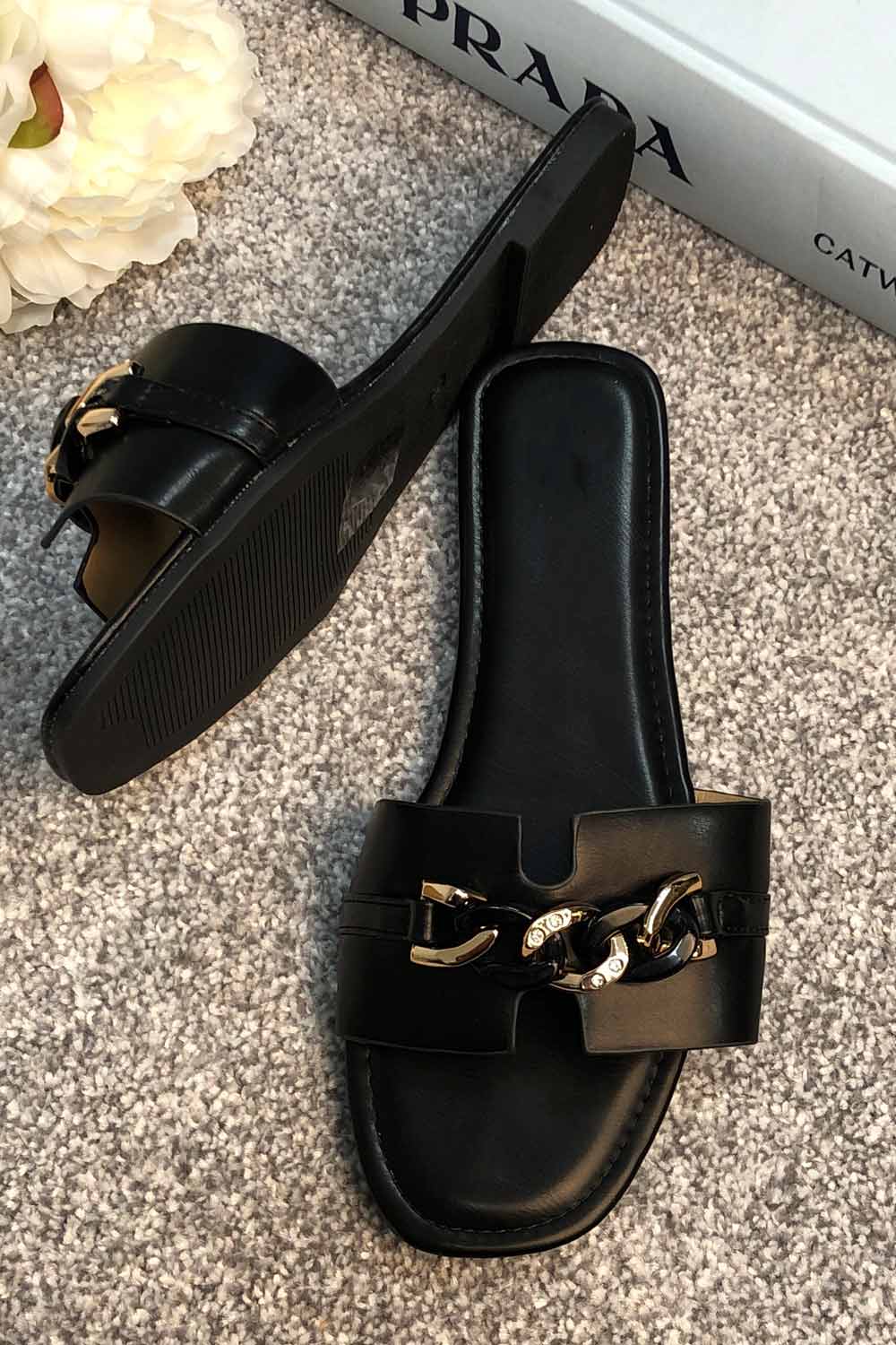 chunky chain slip on sliders sandals black 