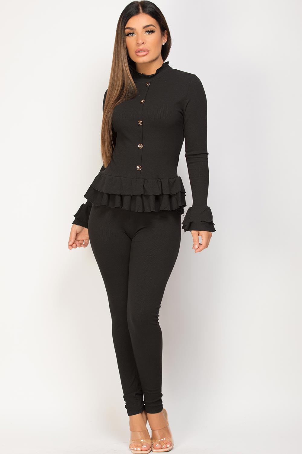 Womens Frill Detail Button Front Loungewear Set Black –
