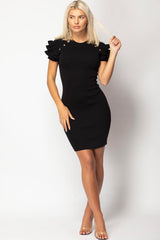 black frill sleeve gold button knitted dress 