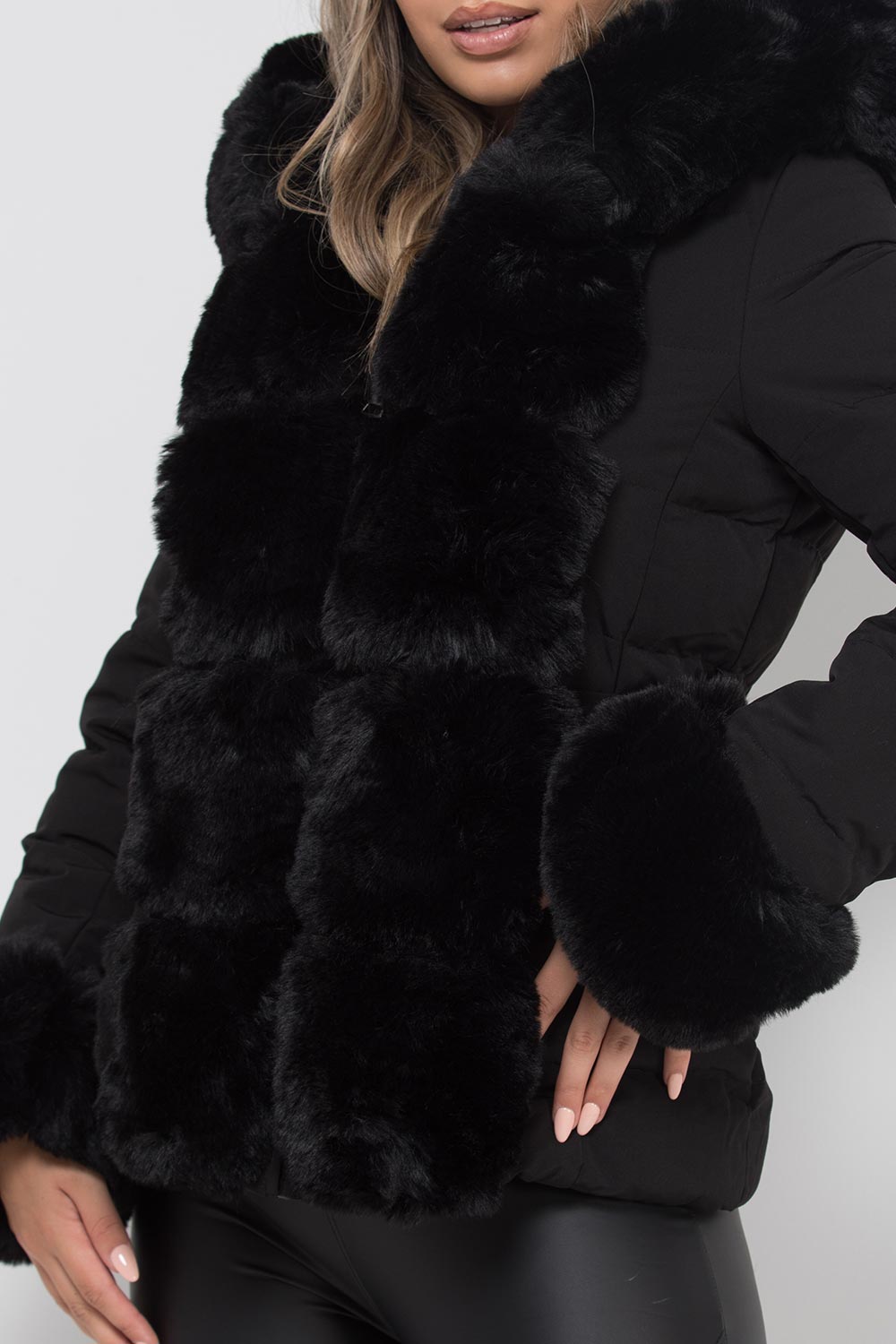 black puffer jacket with faux fur trim