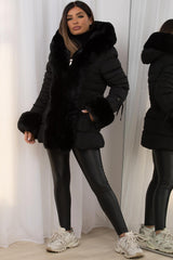 faux fur hood puffer coat black uk