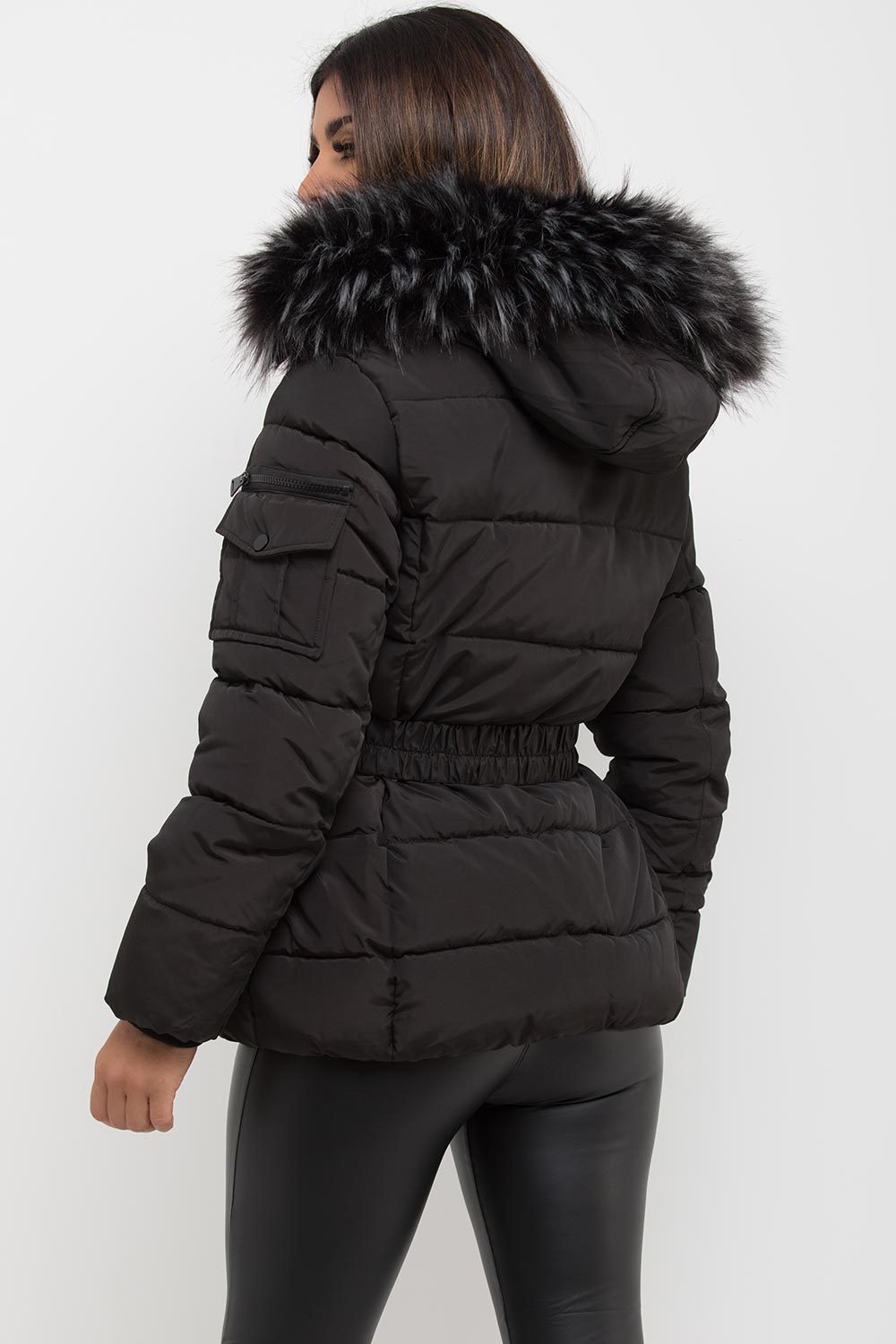 faux fur hooded coat black