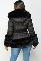 black fur trim hooded puffer jacket 
