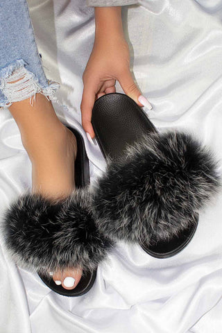 Womens Real Fur Sliders Black And White Styledup