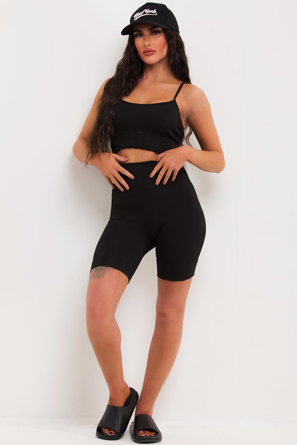 womens ribbed cycling shorts and crop top gym wear set 