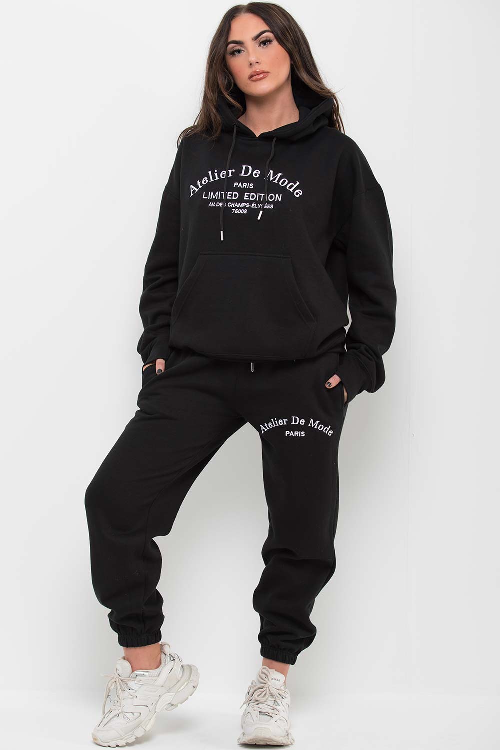 womens hoodie and joggers lounge wear set black limited edition slogan