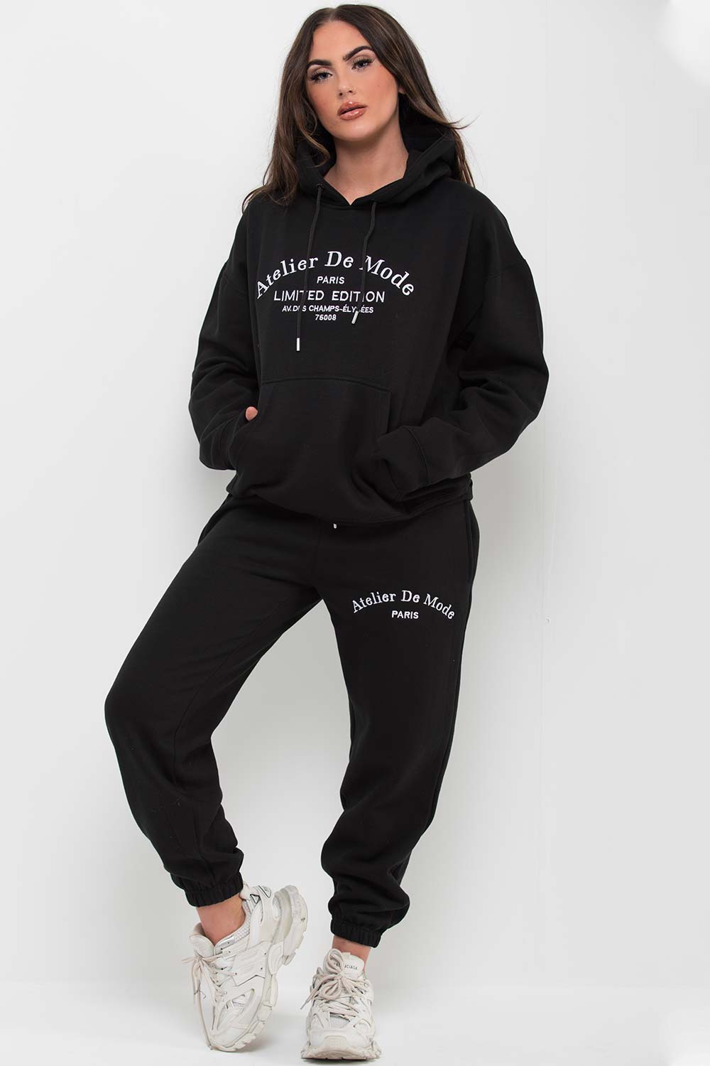womens black hoodie and joggers loungewear set