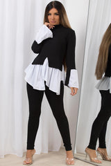 frill hem jumper shirt with ribbed leggings loungewear set