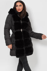 faux fur hood and trim puffer padded long coat with belt