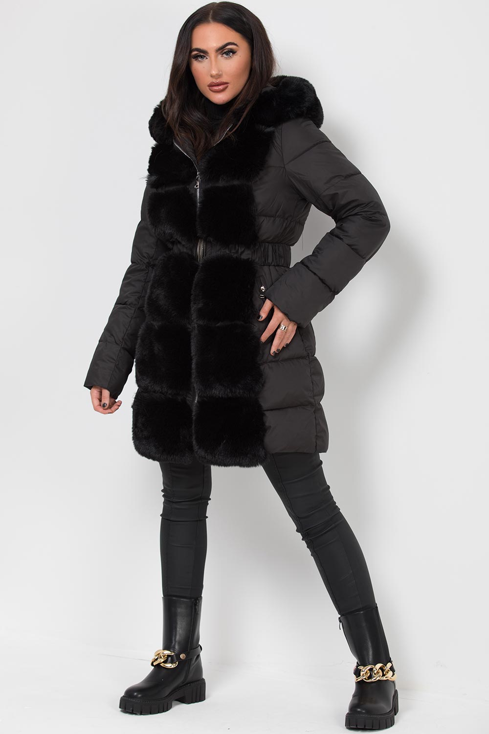womens long puffer jacket with faux fur hood and trim