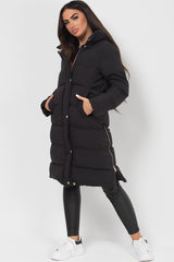 long puffer padded hooded coat black