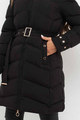 womens long puffer padded hooded coat with belt