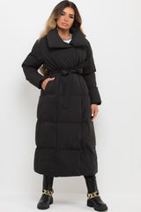long puffer padded quilted duvet coat black