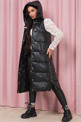 womens faux leather long puffer padded gilet