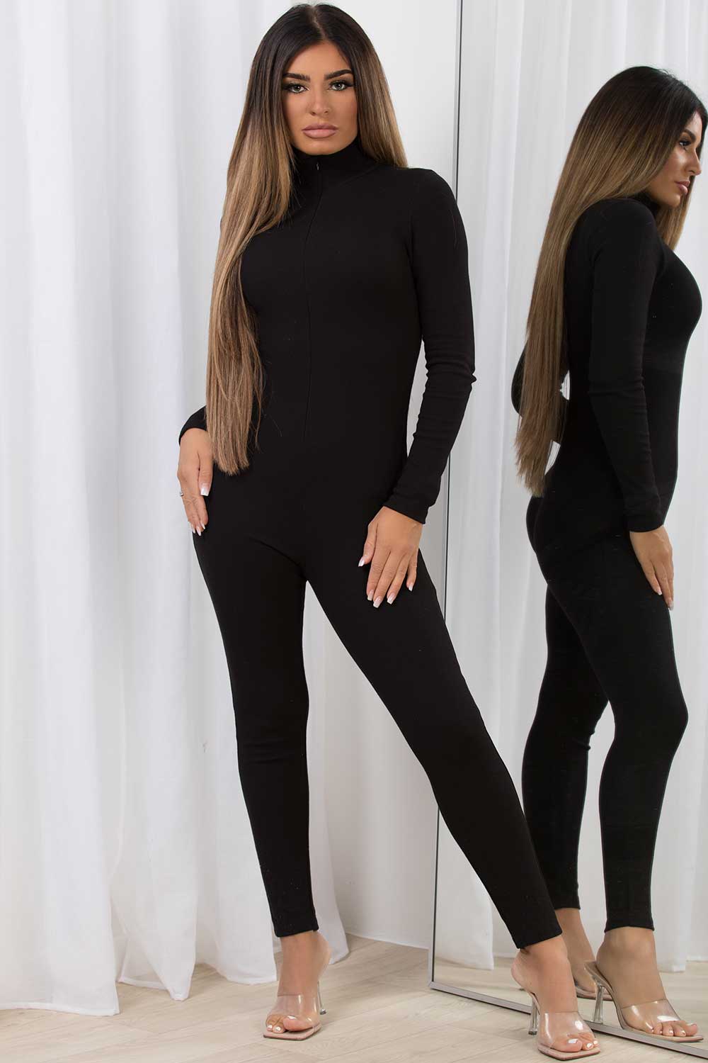 black unitard with long sleeves and zip front