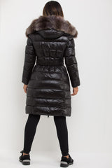 womens black puffer padded jacket with fur hood