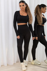 ribbed long sleeve crop top and leggings co ord gym set womens
