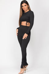 ruched front ribbed loungewear set black 