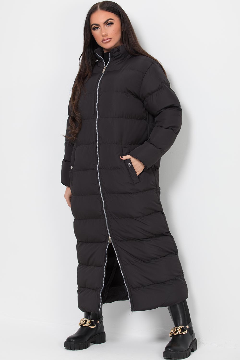 womens long black puffer padded coat