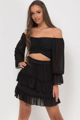 chiffon bardot long sleeve crop top skirt set black