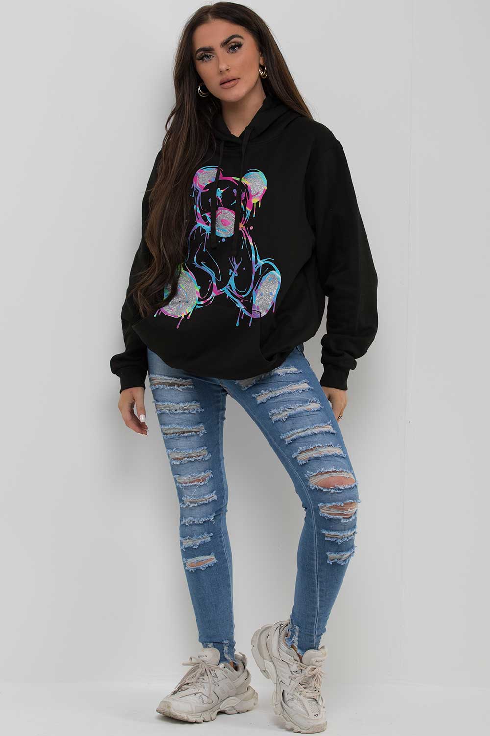 womens black teddy bear print hoodie