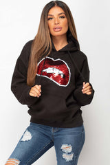 black sequin lips hoodie womens