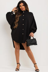 black oversized ruched puff sleeve shirt dress