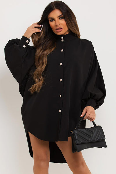 Oversized Shirt Dress With Ruched Puff Sleeves Black Races Outfit