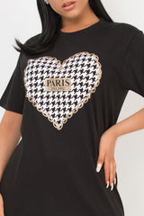 paris dogtooth print heart slogan t shirt black
