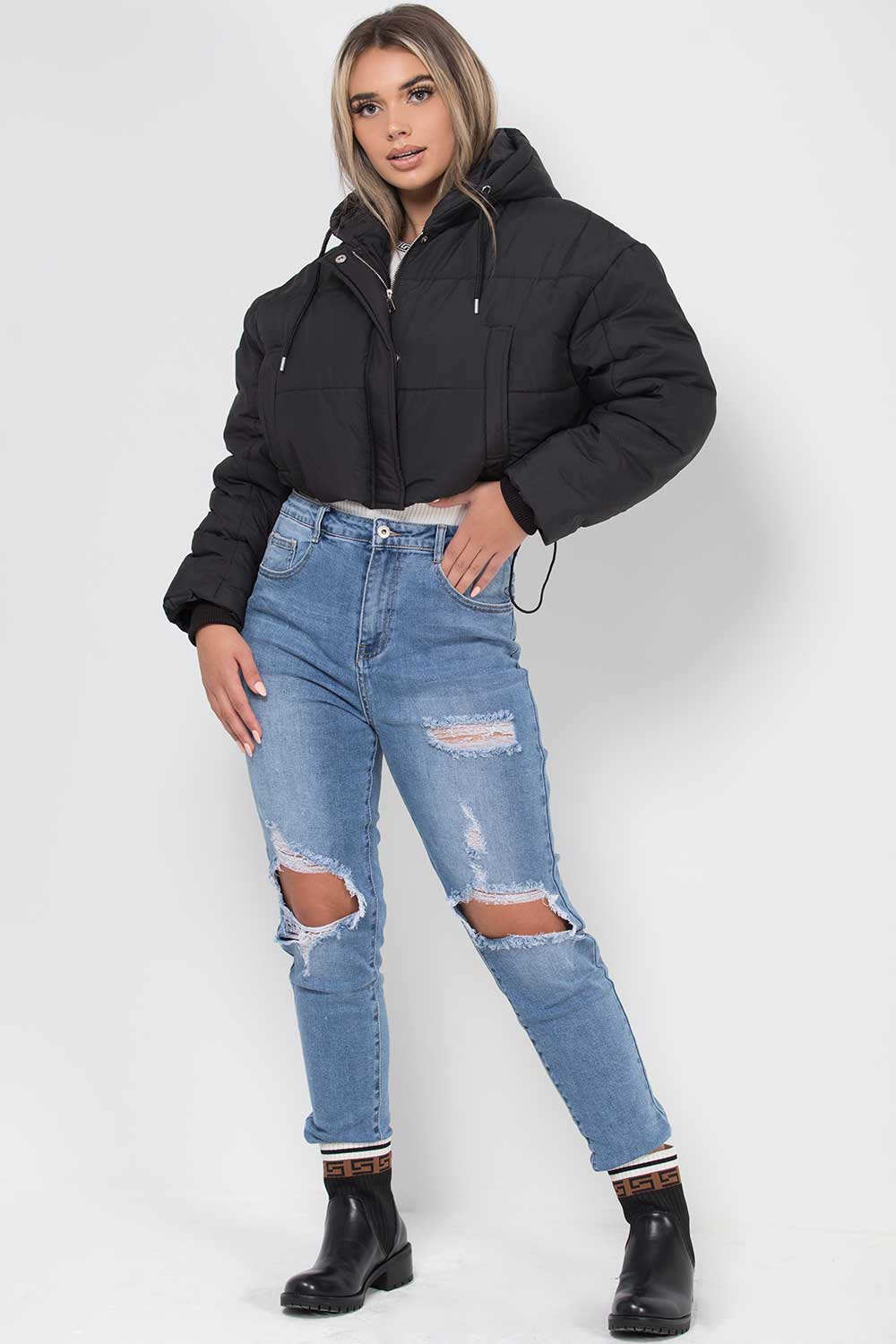 Women's Black Crop Puffer Jacket With Hood Oversized Padded Coat