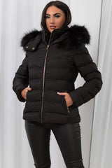 Black Puffer Padded Jacket With Faux Fur Hood