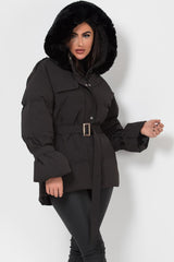 puffer coat with fur hood black
